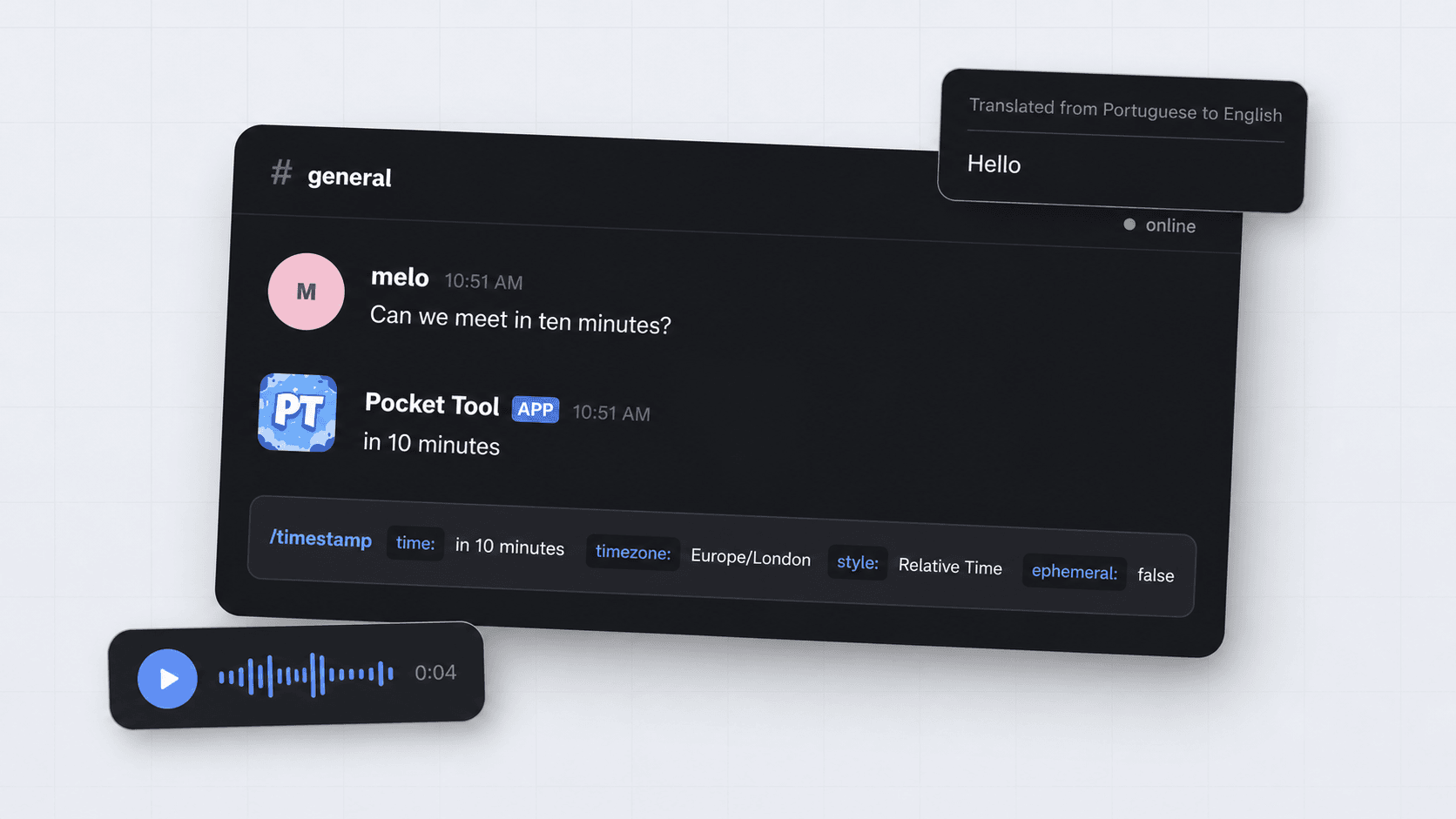 Pocket Tool in Discord, responding to a timestamp command with an accurate relative time alongside translation and voice message examples